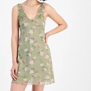 Hippie Rose' Sage floral Ruched Mesh Mini Dress
